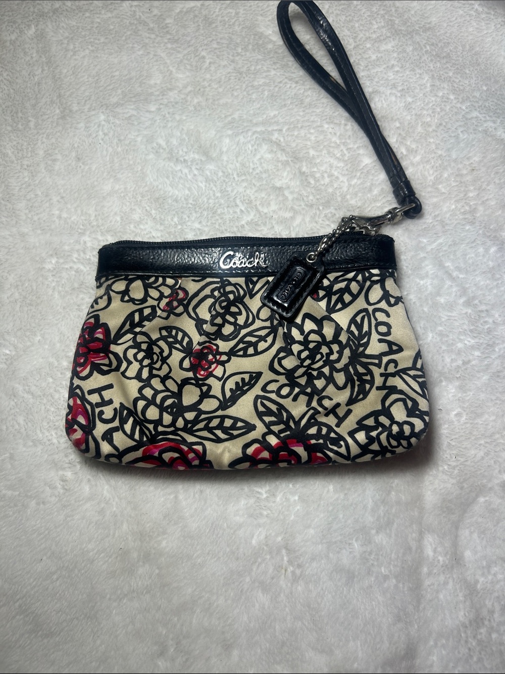 Coach Black & Red Floral Canvas Wristlet